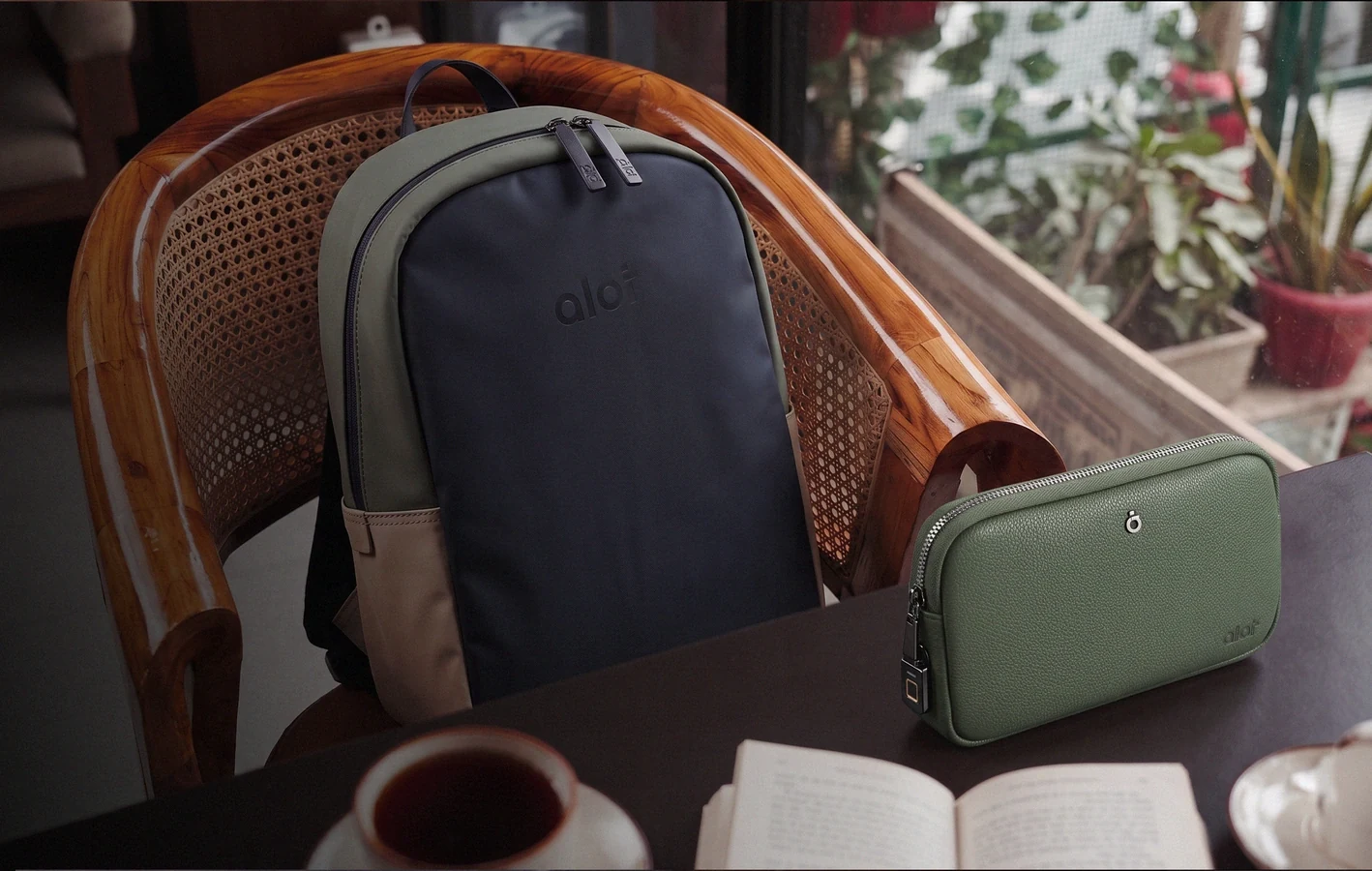 ALOT bags on a chair in a cafe