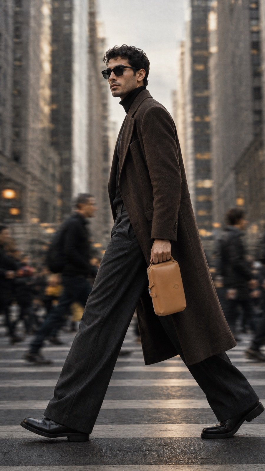 A man in a coat crossing a city street with an ALOT leather pouch