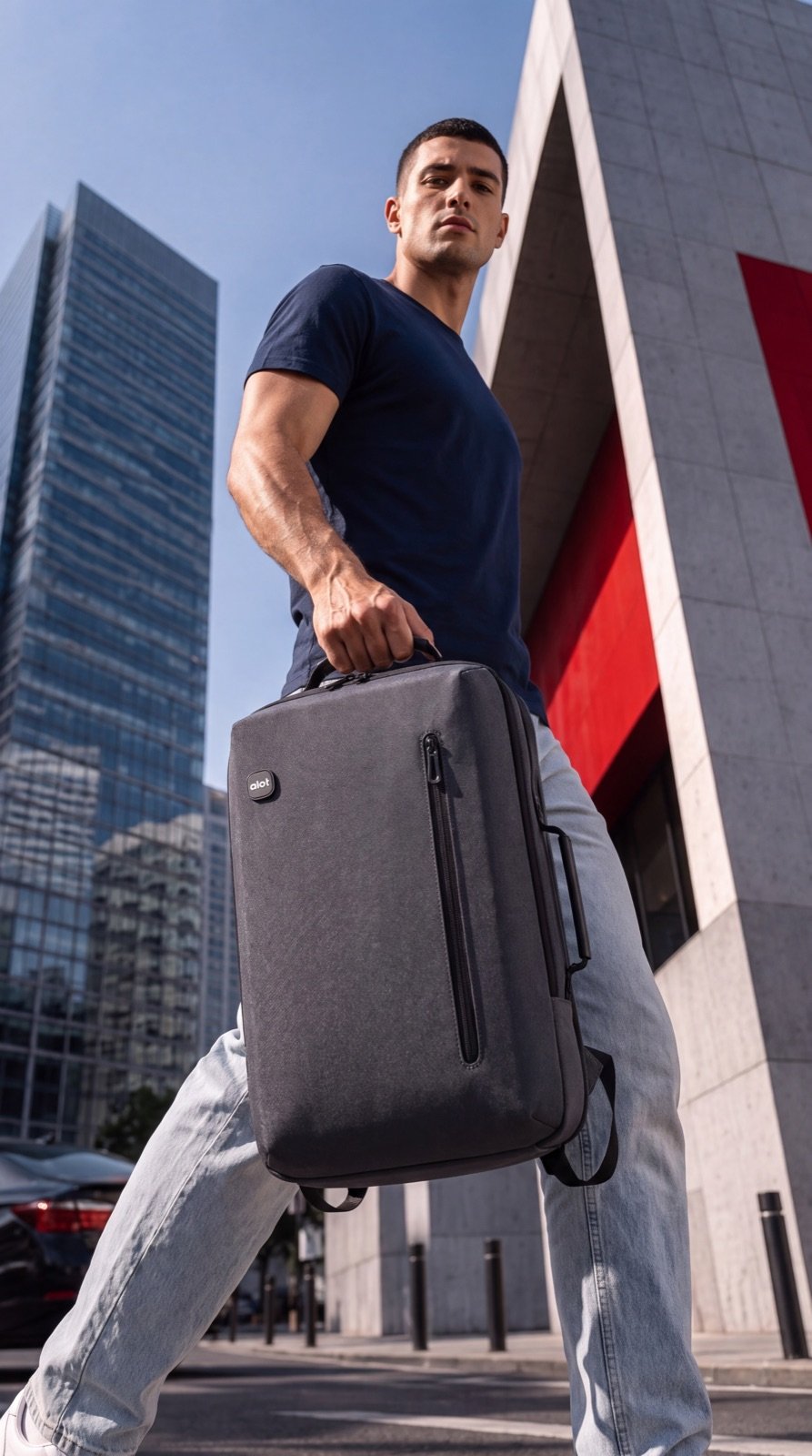 An ALOT laptop backpack in hand before a glass tower