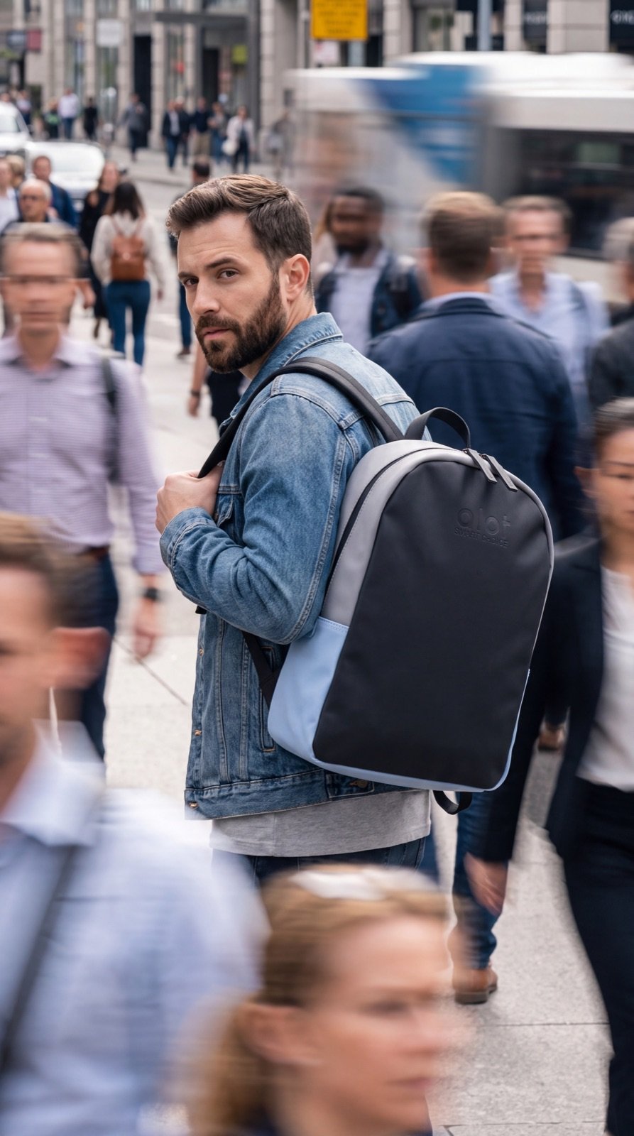 Wearing an ALOT leather backpack through a city crowd
