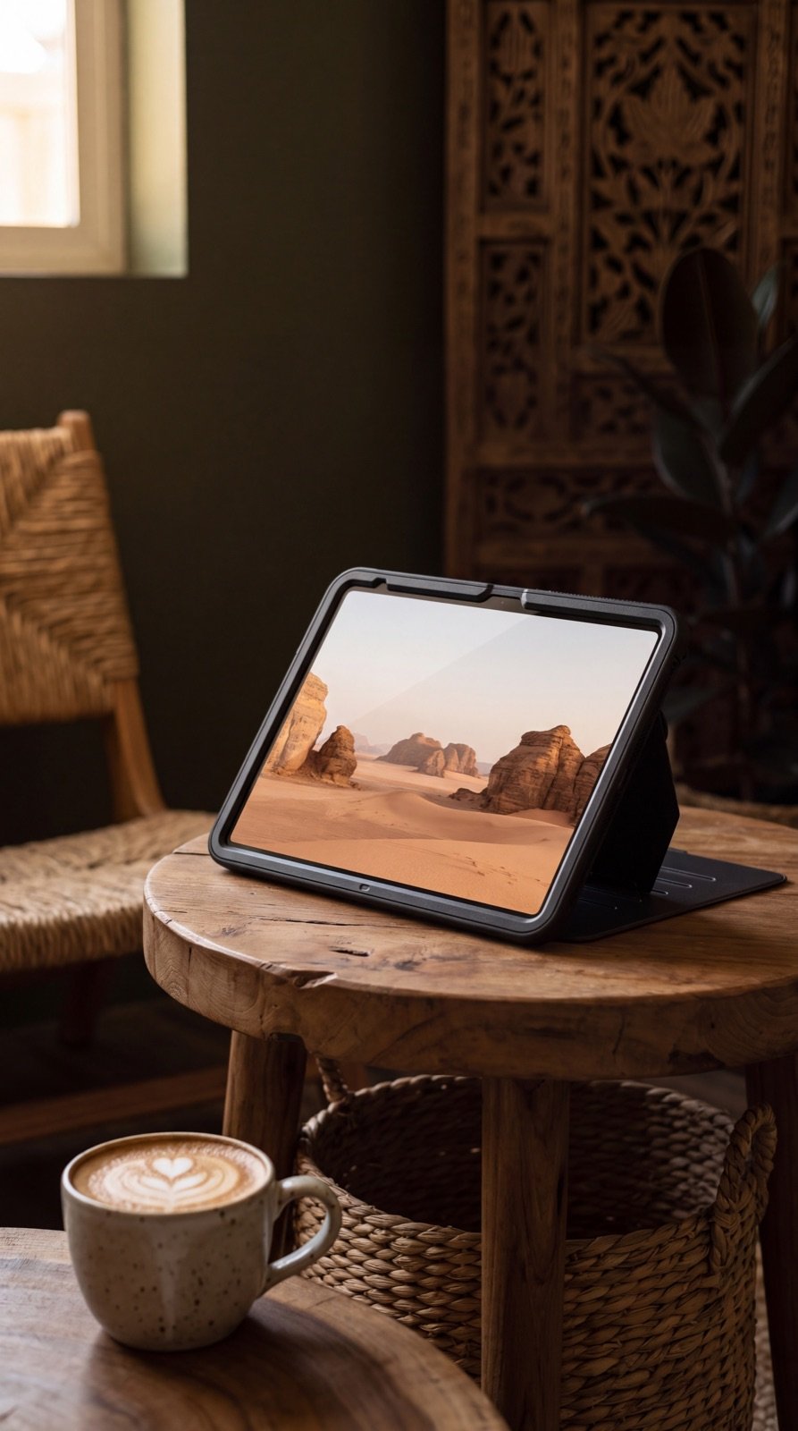 An iPad in its ALOT case, propped on a cafe table