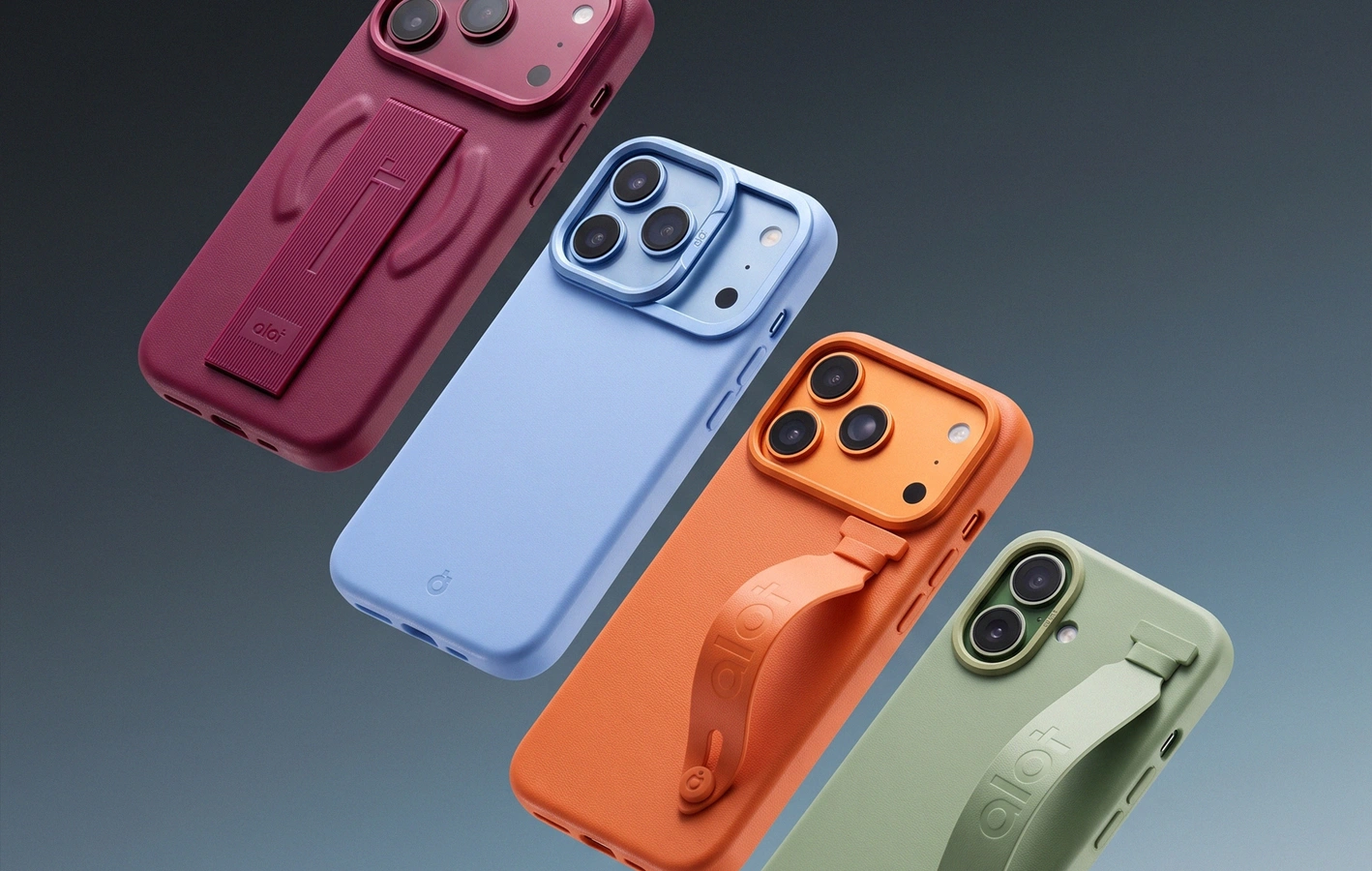 Four ALOT iPhone cases in burgundy, blue, orange and green